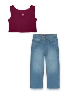 KiddoPanti Girls Rib Crop Tank Top & Flared Jeans Pant Set