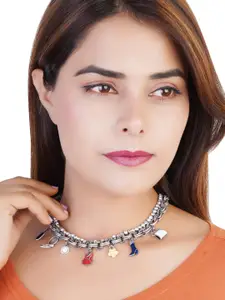 Estele Rhodium-Plated Crystals Studded Layered Charm Necklace