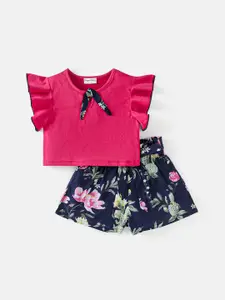 CrayonFlakes Girls Flutter Sleeves Top with Floral Shorts Clothing Set