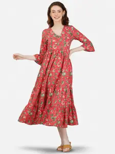 GULAB CHAND TRENDS Floral Printed Cotton V-Neck Bell Sleeves Wrap Midi Dress