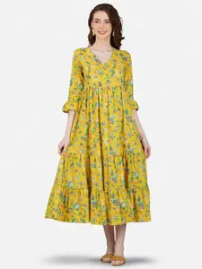 GULAB CHAND TRENDS Floral Printed Cotton V-Neck Bell Sleeves Wrap Midi Dress