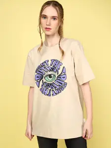 JUNEBERRY Round Neck Graphic Printed Oversize Cotton T-shirt