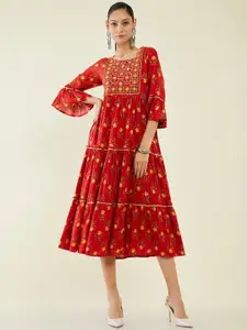 Soch Red Ethnic Motifs Printed Fit & Flare Midi Tiered Dress