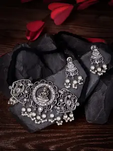 Saraf RS Jewellery Silver-Plated Oxidised AD Studded & Beaded Necklace and Earrings