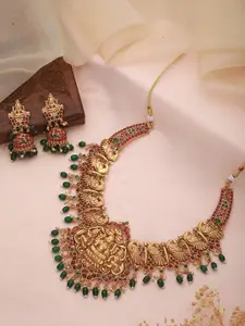 Saraf RS Jewellery Gold-Plated Stone Studded & Beaded Temple Necklace and Earrings