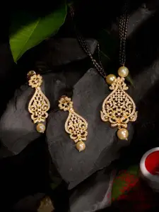 Saraf RS Jewellery Gold-Plated AD-Studded & Beaded Necklace and Earrings