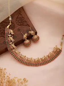 Saraf RS Jewellery Gold-Plated AD Studded Temple Necklace and Earrings