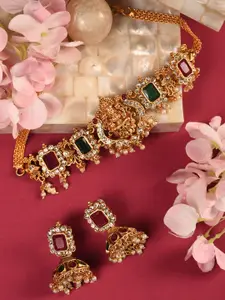 Saraf RS Jewellery Gold-Plated AD-Studded & Beaded Temple Necklace and Earrings