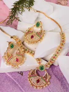 Saraf RS Jewellery Gold-Plated AD Studded & Beaded Necklace and Earrings