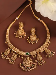 Saraf RS Jewellery Gold-Plated CZ-Studded & Beaded Temple Necklace and Earrings