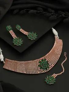 Saraf RS Jewellery Rose Gold-Plated AD-Studded Necklace and Earrings & With Maang Tika