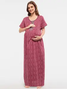 Zeyo Striped Round Neck Maternity Maxi Nightdress