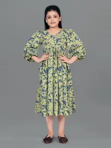 FASHION DREAM Girls Ethnic Printed Puff Sleeves V-Neck Midi Empire Dress