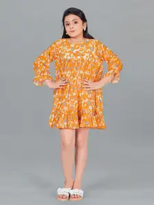 FASHION DREAM Girls Floral Printed Puff Sleeves Flounce Pleated A-Line Dress