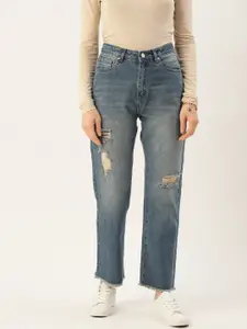 Madame Women Straight Fit High-Rise Mildly Distressed Pure Cotton Jeans
