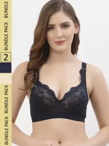 Floret Navy Pack Of 2 Floral Non Padded Bra