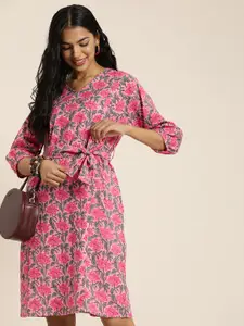 Taavi Sanganeri Floral Printed V-Neck A-Line Dress With Fabric Belt