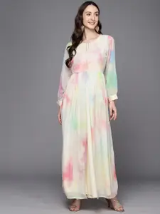 Ahalyaa Abstract Printed Gotta Patti Puff Sleeves Chiffon Maxi Ethnic Dress