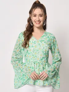 CHARMGAL Floral Printed Bell Sleeves V-Neck Pleated Cinched Waist Top
