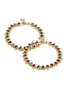 I Jewels Set Of 2 Gold-Plated Stone-Studded & Beaded Anklets