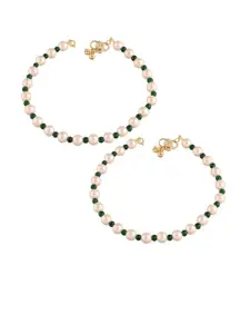 I Jewels Set Of 2 Gold-Plated Stone-Studded & Beaded Anklets