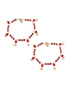 I Jewels Set Of 2 Gold Plated Beaded Anklets