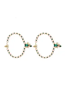 I Jewels Set Of 2 Gold-Plated Stone-Studded & Beaded Anklets
