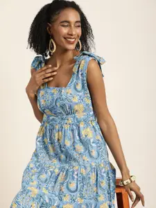 Taavi Sanganeri Floral Block Print Tiered Fit And Flare Dress with Pockets