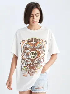 DeFacto Graphic Printed Drop Shoulder Sleeves Pure Cotton T-shirt
