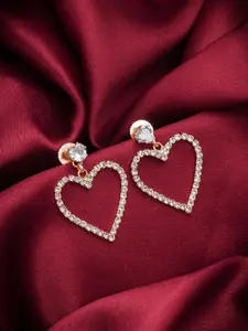 aadita Rose Gold-Plated AD-Studded Heart Shaped Drop Earrings