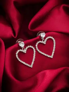 aadita Silver Plated Heart Shaped AD Studded Drop Earrings