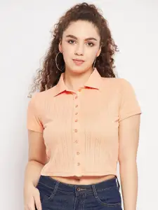 Madame Self Design Shirt Style Cotton Crop Top