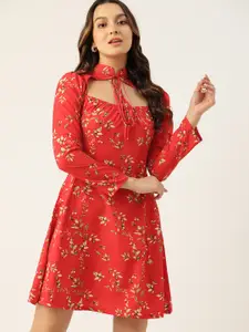 DressBerry Floral Tie-Up Neck Crepe A-Line Dress With Cut-Out Detail