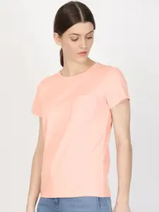 ether Women Peach-Coloured Solid Round Neck T-shirt