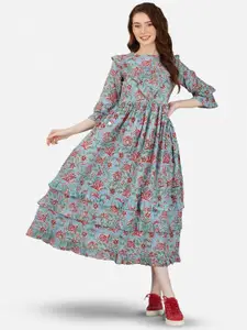 GULAB CHAND TRENDS Floral Printed Ruffled Cotton Fit & Flare Midi Dress