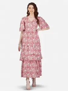 GULAB CHAND TRENDS Floral Printed V Neck Flared Sleeves Cotton Wrap Maxi Dress