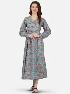 GULAB CHAND TRENDS Floral Printed V Neck Cuffed Sleeves Cotton Fit & Flare Dress