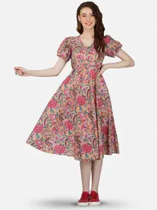 GULAB CHAND TRENDS V-Neck Floral Printed Casual Cotton Midi Dress