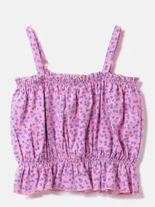 United Colors of Benetton Girls Shoulder Straps Floral Printed Cinched Waist Cotton Top