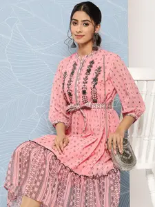 Juniper Ethnic Motifs Printed Embroidered Mandarin Collar Georgette Ethnic Dress With Belt