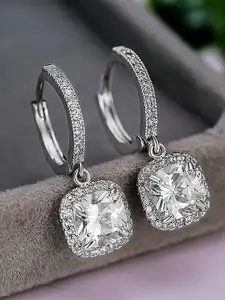 Peora Silver Plated  AD Studded Contemporary Hoop Drop Earrings