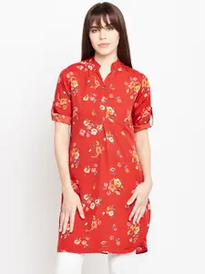 Ruhaans Floral Printed Mandarin Collar Roll-Up Sleeves Straight Kurti