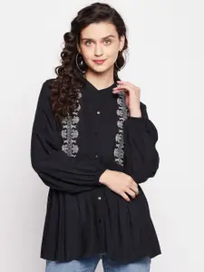 Ruhaans Embroidered Pleated Mandarin Collar Cinched Waist Top