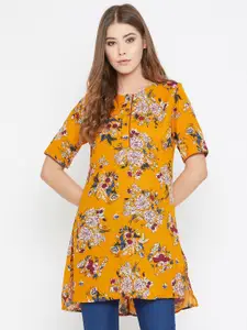 Ruhaans Floral Printed Pure Georgette Boat Neck A-Line Kurti