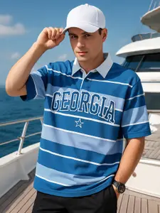 Maniac Men Striped Polo Collar Cotton Oversize Fitted T-shirt