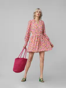 ONLY Floral Printed Smocked Puff Sleeves A-Line Dress