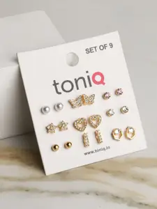 ToniQ Set of 9 Gold Plated Studs Earrings