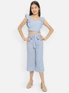 Natilene Girls Polka Dots Printed Ruffled Crop Top & Capris With Waist Tie-Ups