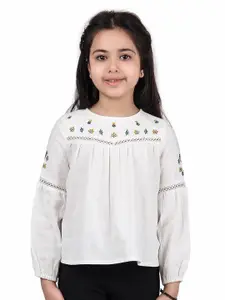 Miyo Girls Floral Embroidered Cut-Out Detail Puff Sleeves Cotton Top