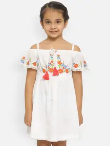 Nauti Nati Girls Floral Embroidered Tie-Up Detail Gathered Pure Cotton A-Line Dress